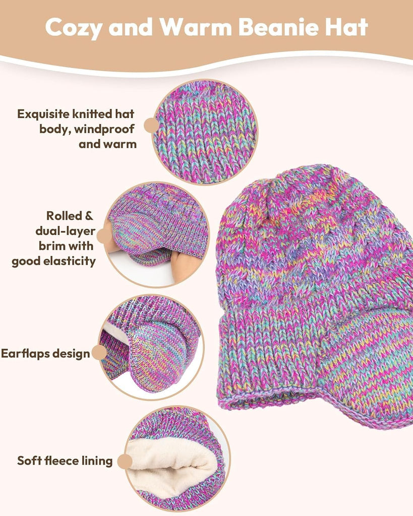 Kids Winter Hat Gloves Scarf Set,Toddler Girls Boys Beanie Hat with Earflaps,Knit Mittens & Neck Gaiter Warmer