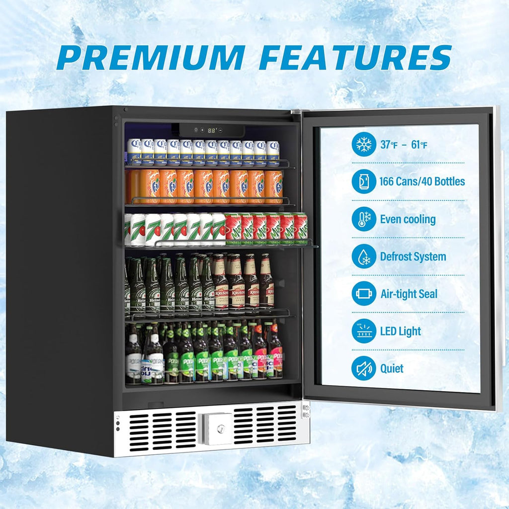 24 inch Beverage Refrigerator Cooler, 5.3 Cubic/166 Can Large Fridge with Glass 