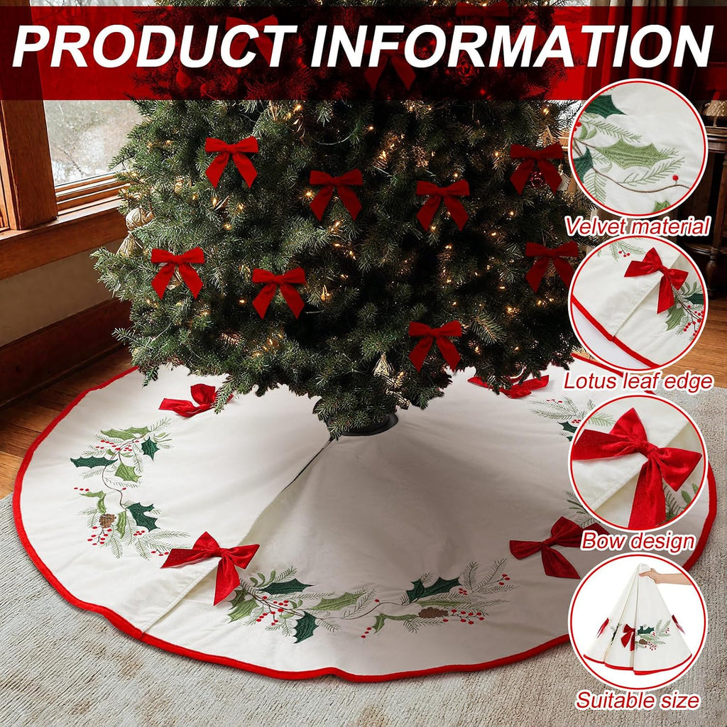 48 Inch Velvet Christmas Tree Skirt Red Bow Holly Embroidery
