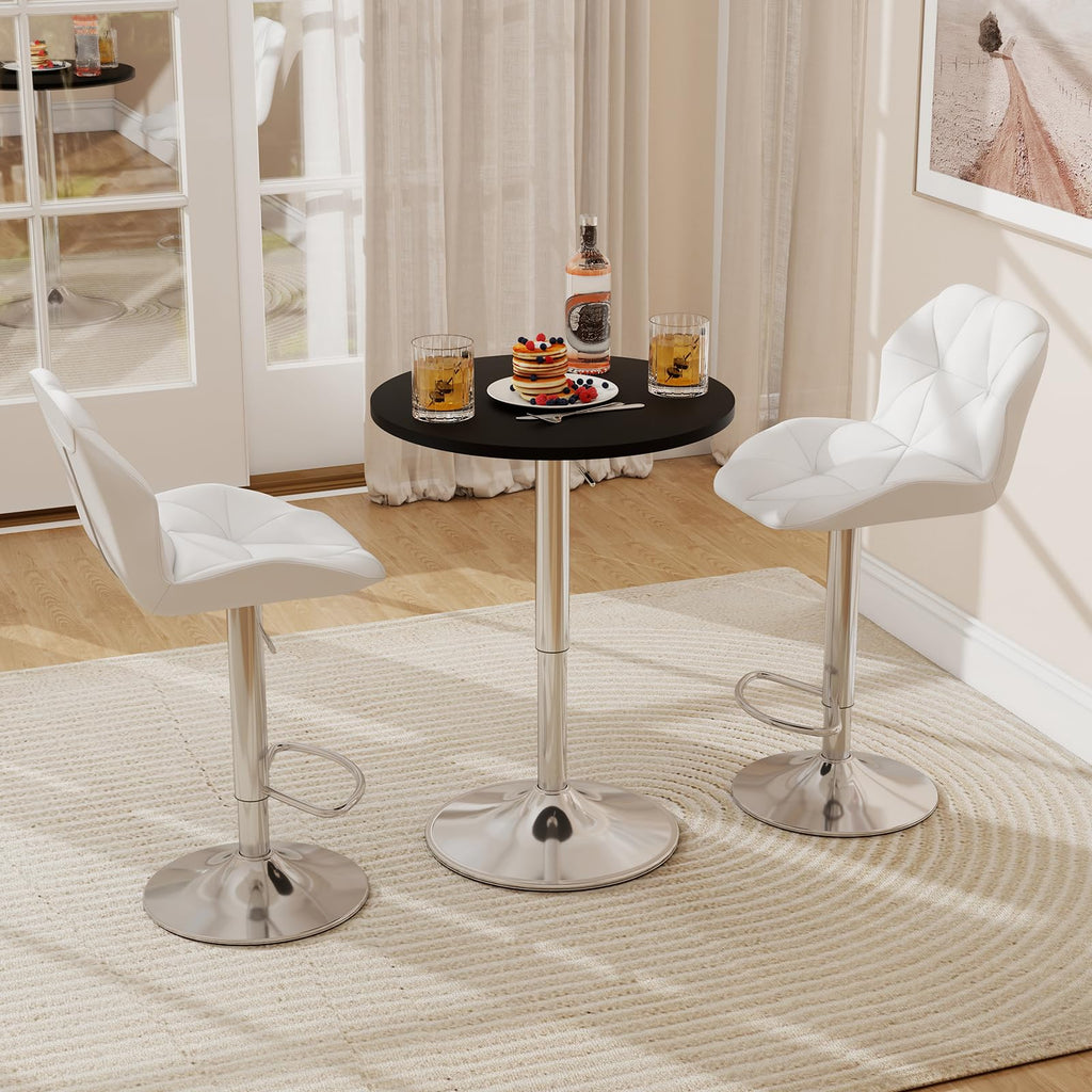Bar Table and Chairs Set of 3 Swivel Black Table & White Stool
