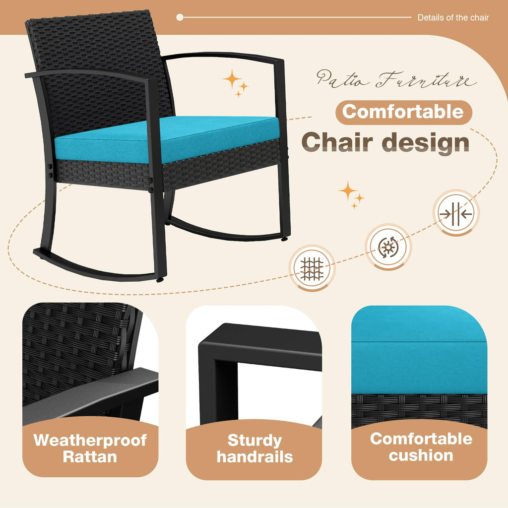 3 Piece Patio Furniture Set, All-Weather Imitation Rattan Conversation Set, Outdoor Rocking Chair Bistro Set with