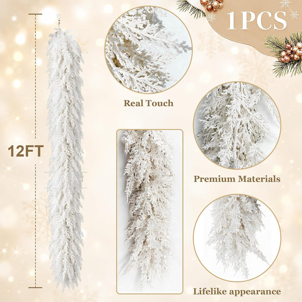 12FT White Christmas Cedar Garland, Realistic Artificial Garland, Winter Snowy Xmas Decorations Indoor Outdoor, Faux