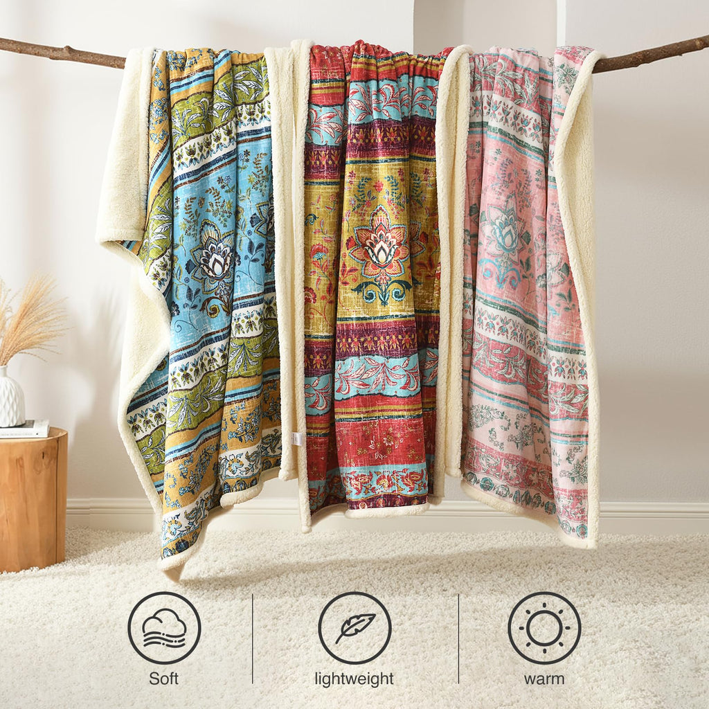 Boho Chic Sherpa Throw Blanket - Vibrant Bohemian Print & Ultra-Soft Cozy Lining, Stylish & Warm Winter Throw for