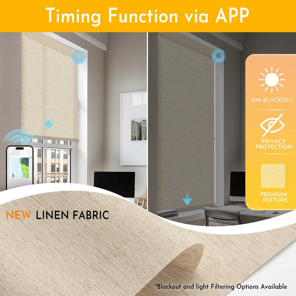 Smart Motorized Blinds with Remote, No Drill Automatic Roller Shades for Indoor Windows, Light Filtering Linen