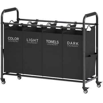 4 Bag Laundry Sorter Cart, Laundry Sorter 4 Sections, Black