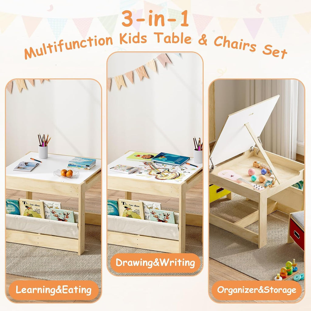 Kids Table and 2 Chairs Set, Wooden Toddler Activity Table with Adjustable Drawing Tabletop, Safety Hinges, Storage
