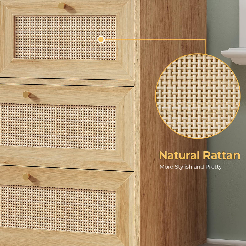 Rattan Dresser with 7 Drawer, Modern Wooden Wide Bedroom Dresser, Chest of Drawers with Metal Handle & Solid Wood