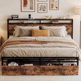 King Bed Frame with Storage Headboard, Platform King Bed with 2 Drawers and Charging Station, Heavy-Duty Metal Slats