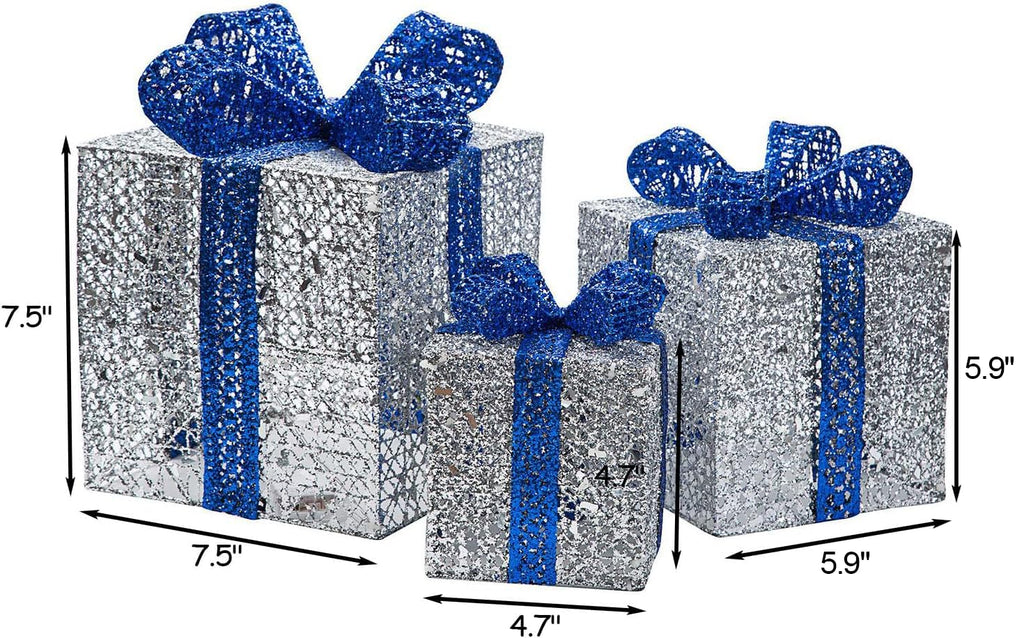3 PCS Christmas Lighted Gift Boxes Decor 7.5"/5.9"/4.7" Silver