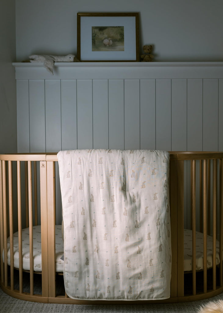 Bunny Crib Bedding Set, 5-Layer Organic Cotton Muslin Crib Quilt & Sham, Bunny Rabbit Nursery, Toddler Comforter