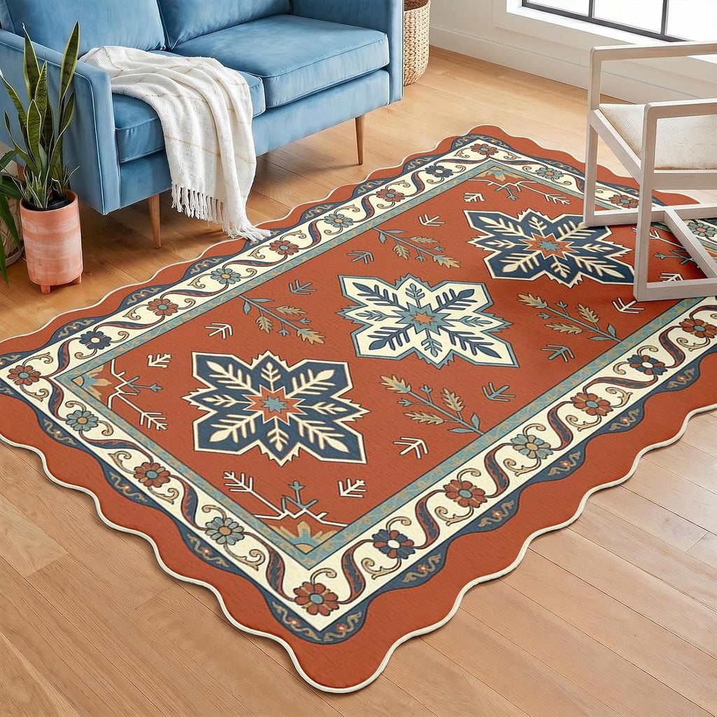 Washable Scalloped Area Rug, Boho Aztec, 5'x7'