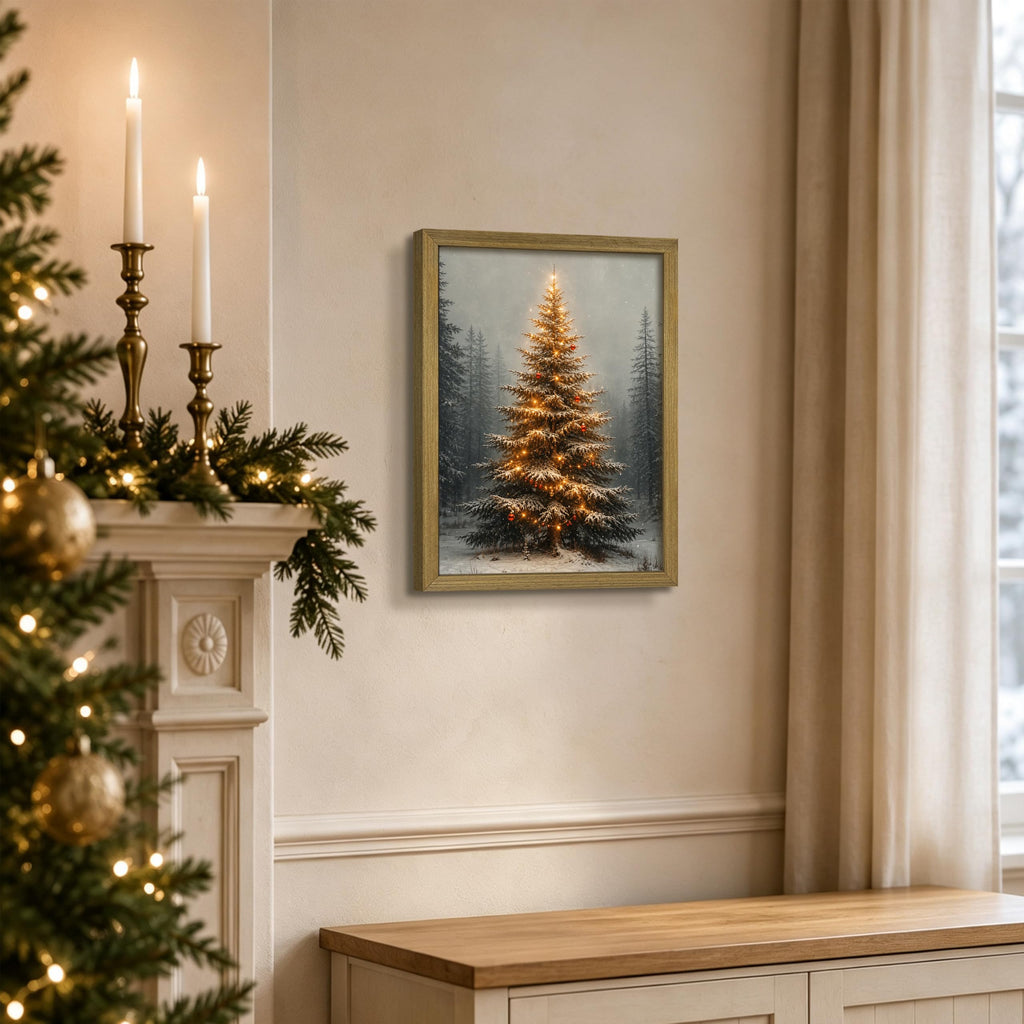 Vintage Christmas Tree Wall Art, Lighted Christmas Tree Canvas Prints, Pine Botanical Aesthetic Picture Poster