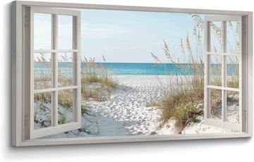 Window Beach Wall Art Prints: Modern Large Tropical Coastal Landscape Canvas Bedroom Blue Ocean Picture Relaxing