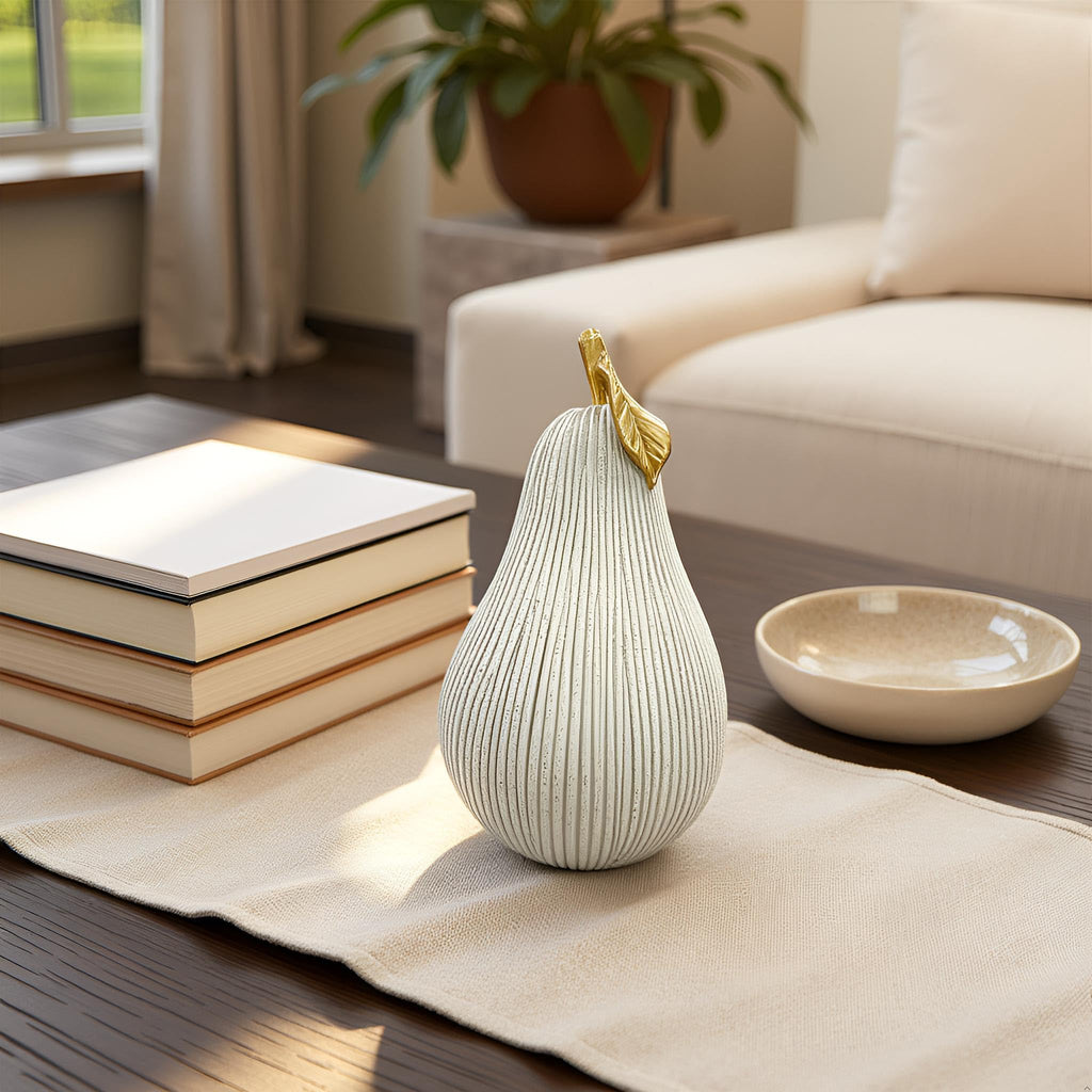 Gray-White Pear Figurine with Gold Leaf, Resin Pear Sculpture Decor, Minimalist Decorative Fruit Statue Counter