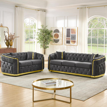 2 Piece Luxury Chesterfield Sofa Set, Tufted Grey and Gold Couch and Loveseat Sets with Golden Decor & 4 Pillows, Mid