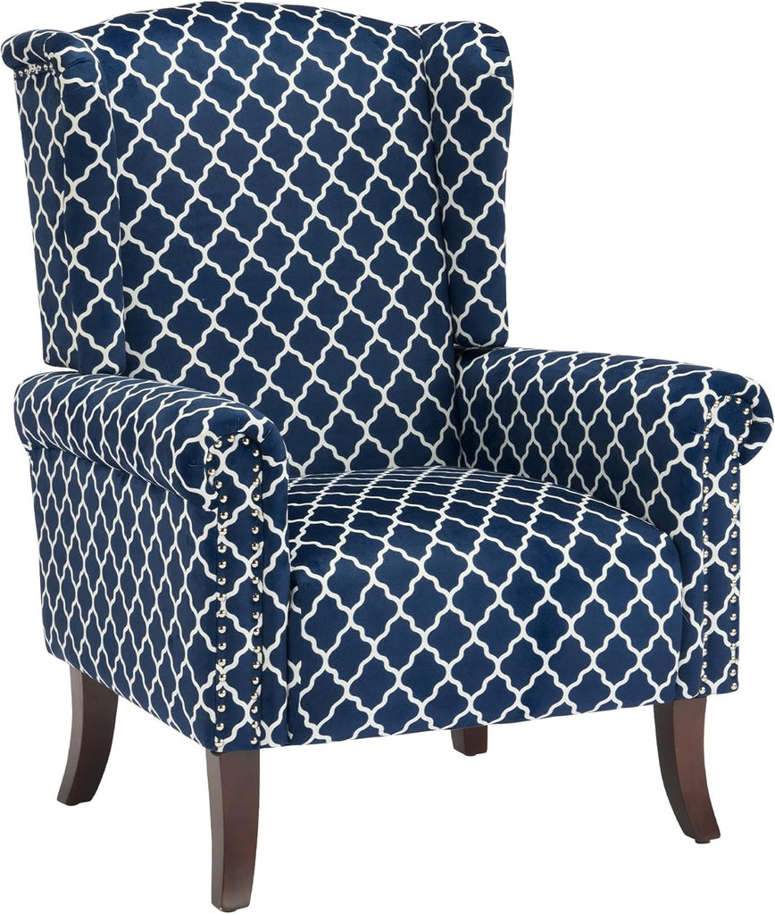 Modern Accent Chair, Comfy Wingback Armchair Blue Plaid Club Chair with Wooden Legs , or Balcony