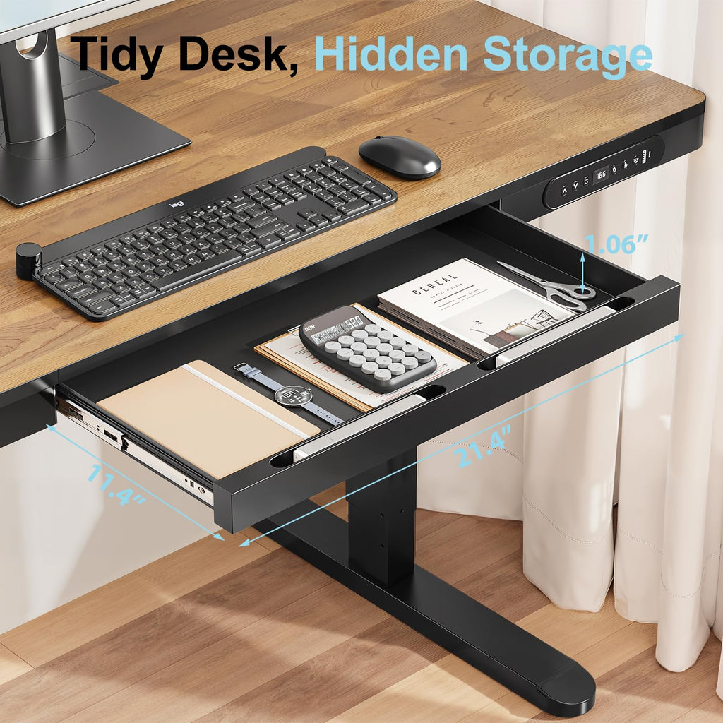 48" Electric Standing Desk with Drawer, Adjustable Sit Stand Desk, Walnut
