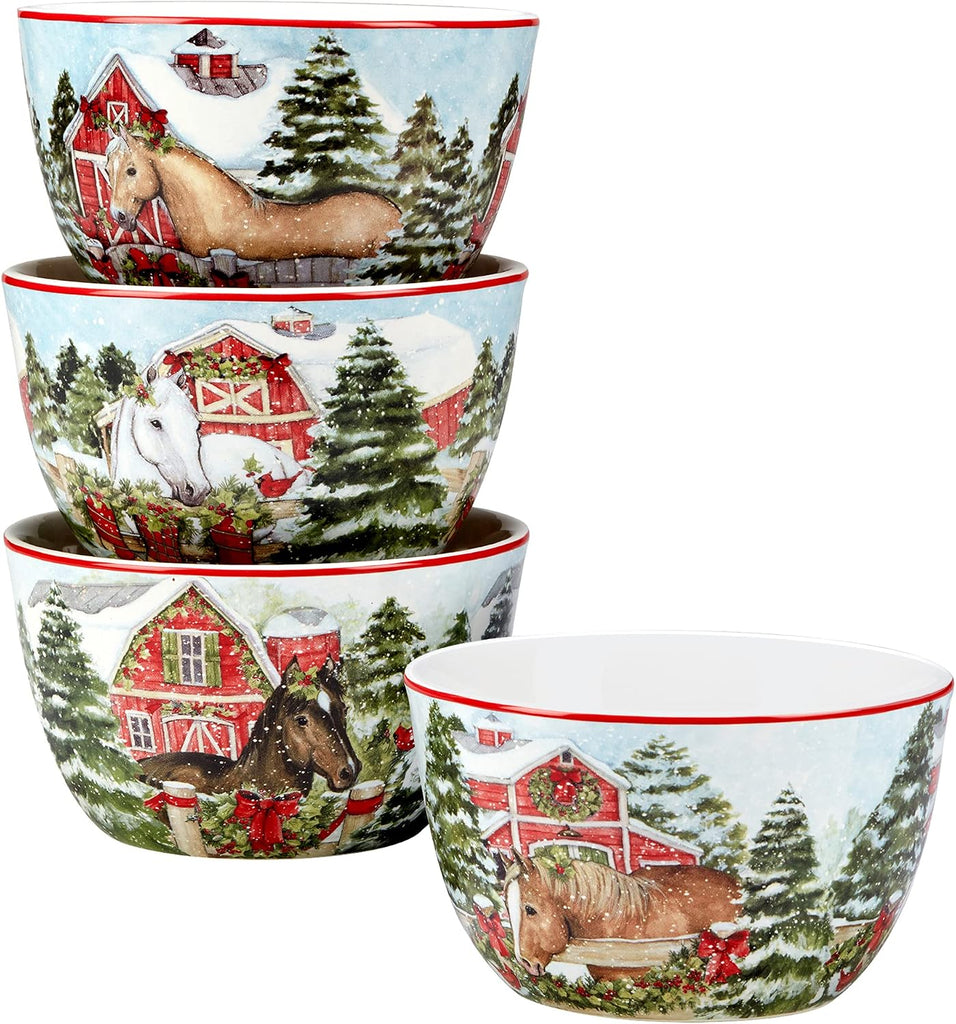 Homestead Christmas Piece Dinnerware Set - Holiday Tableware for 4 with Festive Horse & Barn Scenes - Winter
