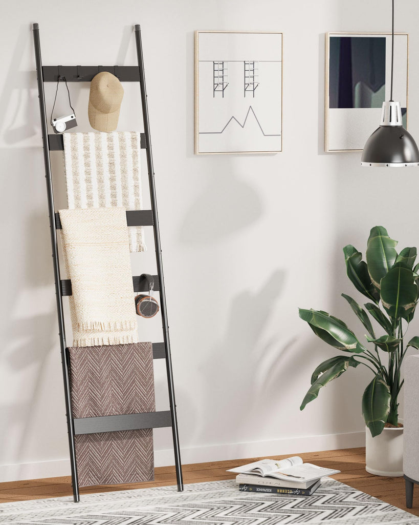 Blanket Ladder, 6-Tier Towel Holder with 4 Removable Hooks, Farmhouse Wall Leaning Decorative Rack Shelf, Wooden
