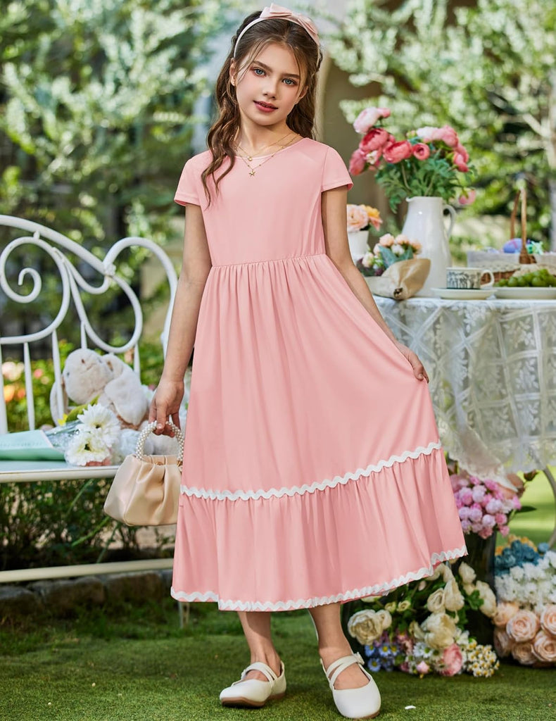 Girls Summer Maxi Dresses Short Sleeve Casual Flowy Tiered Dress