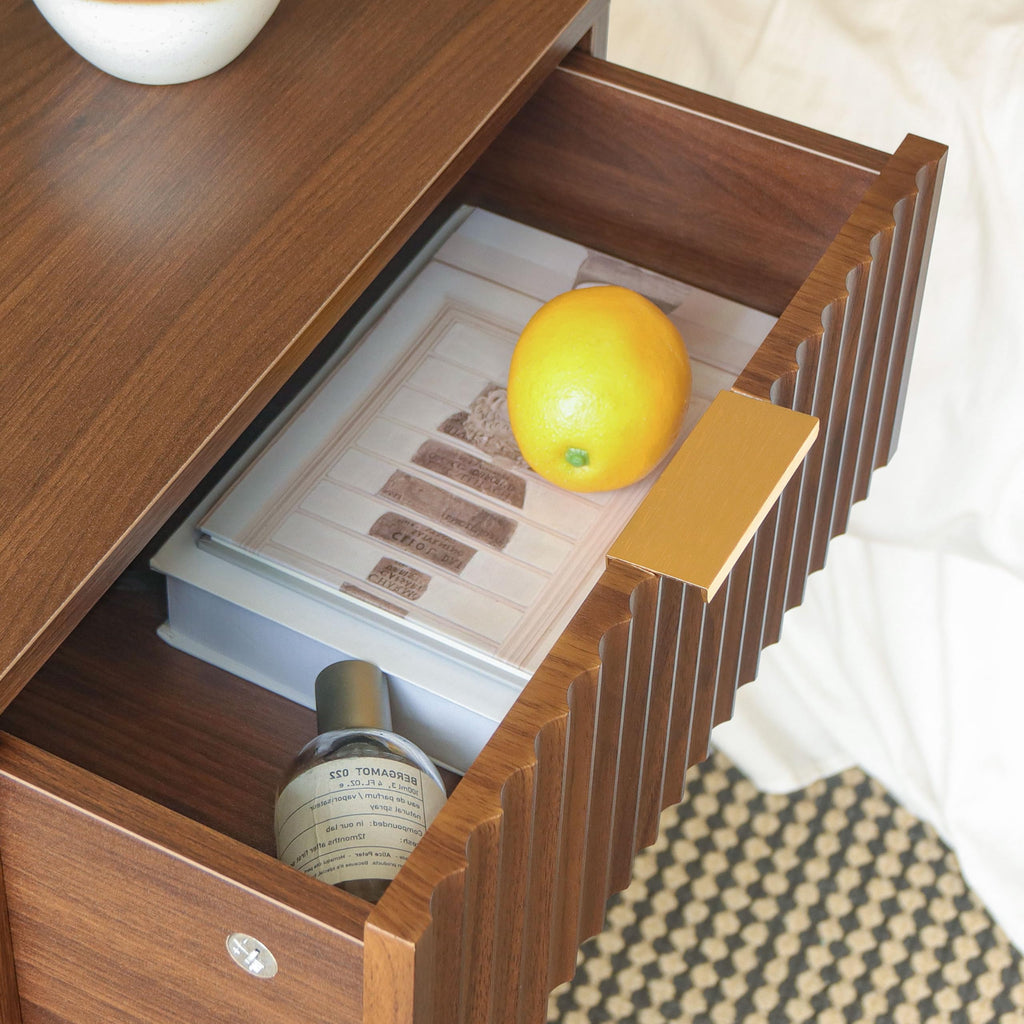 Walnut Nightstand, Fluted Bedside Table with Drawer and Open Shelf