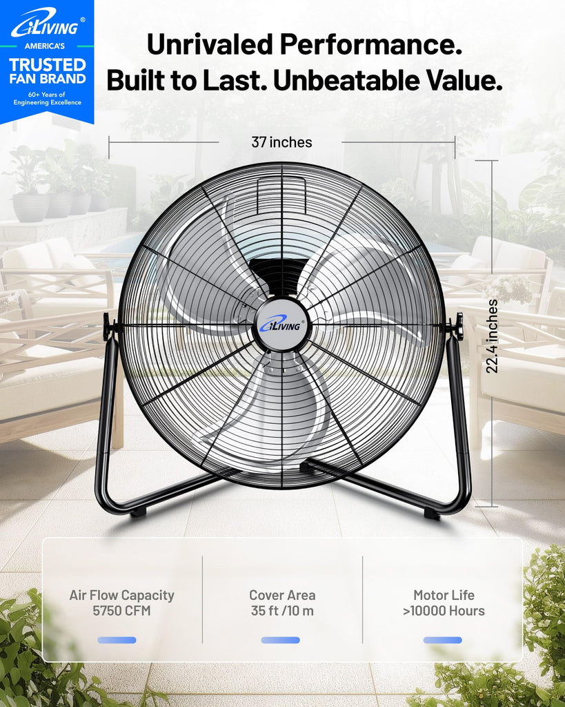 20 Inch Heavy Duty Floor & Wall Mount Fan - 5750 CFM High Velocity, 120-Watt, 3-Speed, Industrial Cooling for Garage