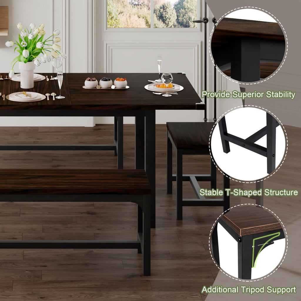 5-Piece Dining Table Set for 4-8 People, 63" Extendable Kitchen Table Set with 2 Benches and 2 Square Stools, Dining