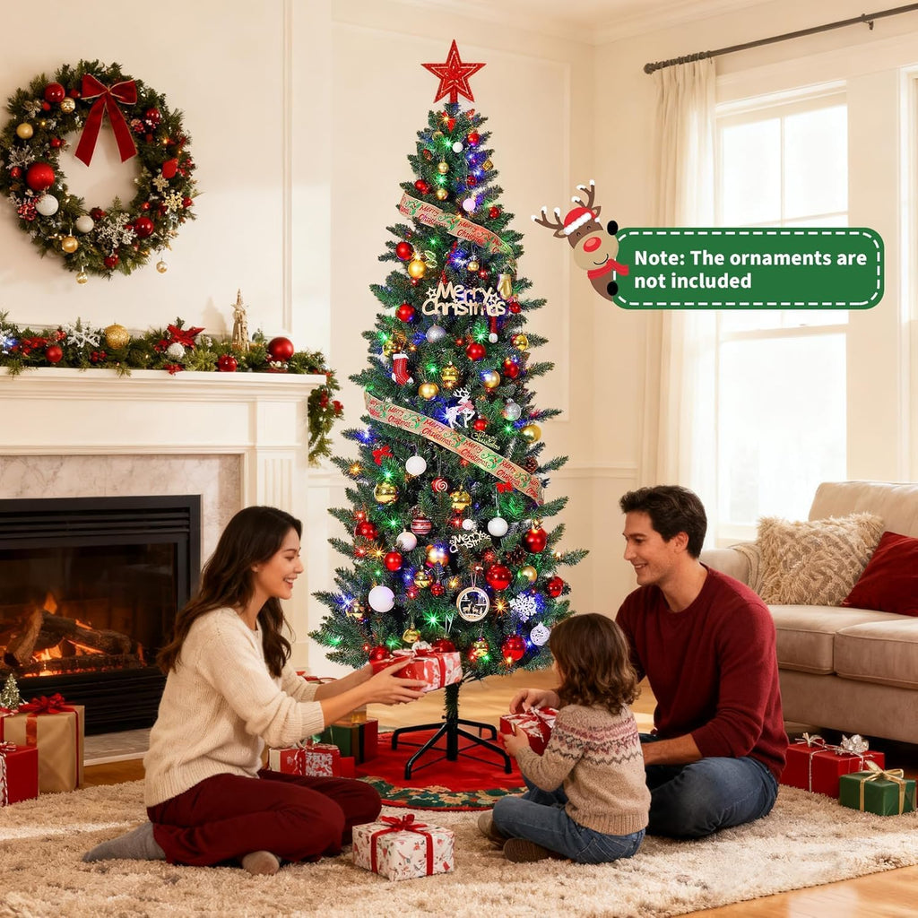 Slim Artificial Christmas Tree with Lights, 9 Adjustment Modes - Prelit Pencil Tree Decor, Skinny Space-Saving