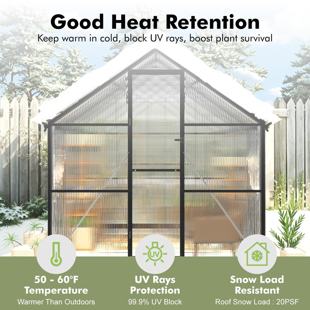 8X14FT Green House with Thermometers, Large Aluminum Greenhouse for Outdoor