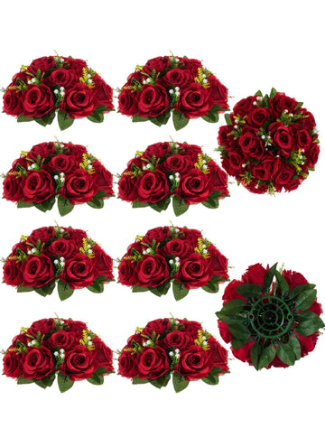 Faux Flower Centerpieces for Wedding Tables, 10 Pcs, Crimson Red