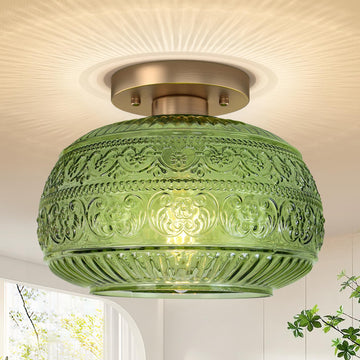 11"Vintage Glod Semi Flush Mount Ceiling light, Green Glass Hallway Lighting