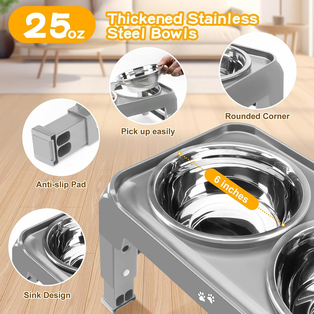 Elevated Dog Bowls for Small Medium Dogs, 3 Height Adjustable Raised Stand with 2 Thick 6" Stainless Steel Food