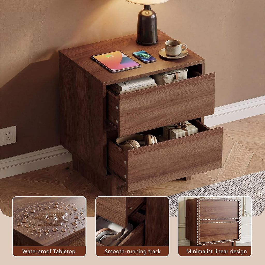 2 Pcs Walnut Nightstand Set for Bedroom, 2 Drawer Bedside End Table