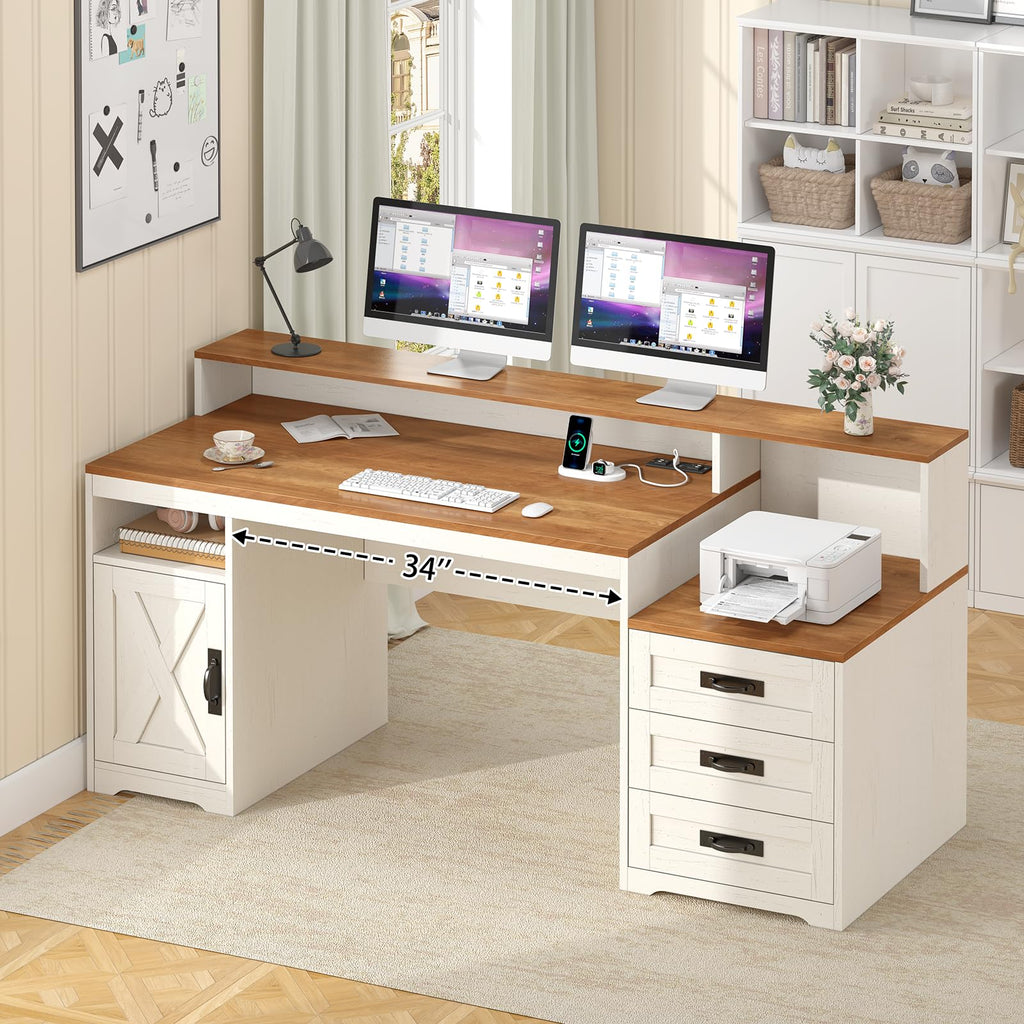 65" Farmhouse Computer Desk with Drawers and Printer Stand