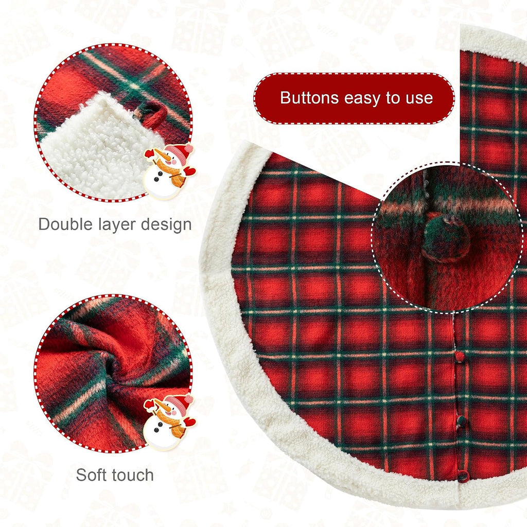 60 Inch Reversible Faux Fur Christmas Tree Skirt, Red Black Plaid Sherpa & Flannel Double-Sided for Christmas Party