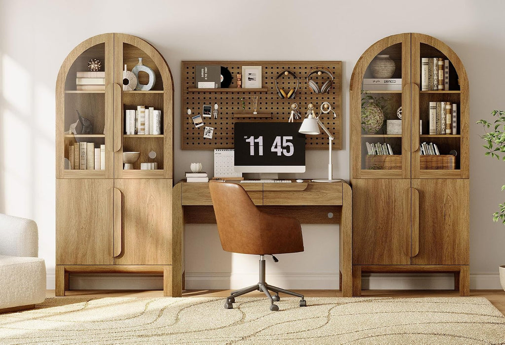 71" Tall Arched Bookshelf, 5 Tiers Bookcase with Glass Doors and Adjustable Shelves, Modern Arched Display Cabinets