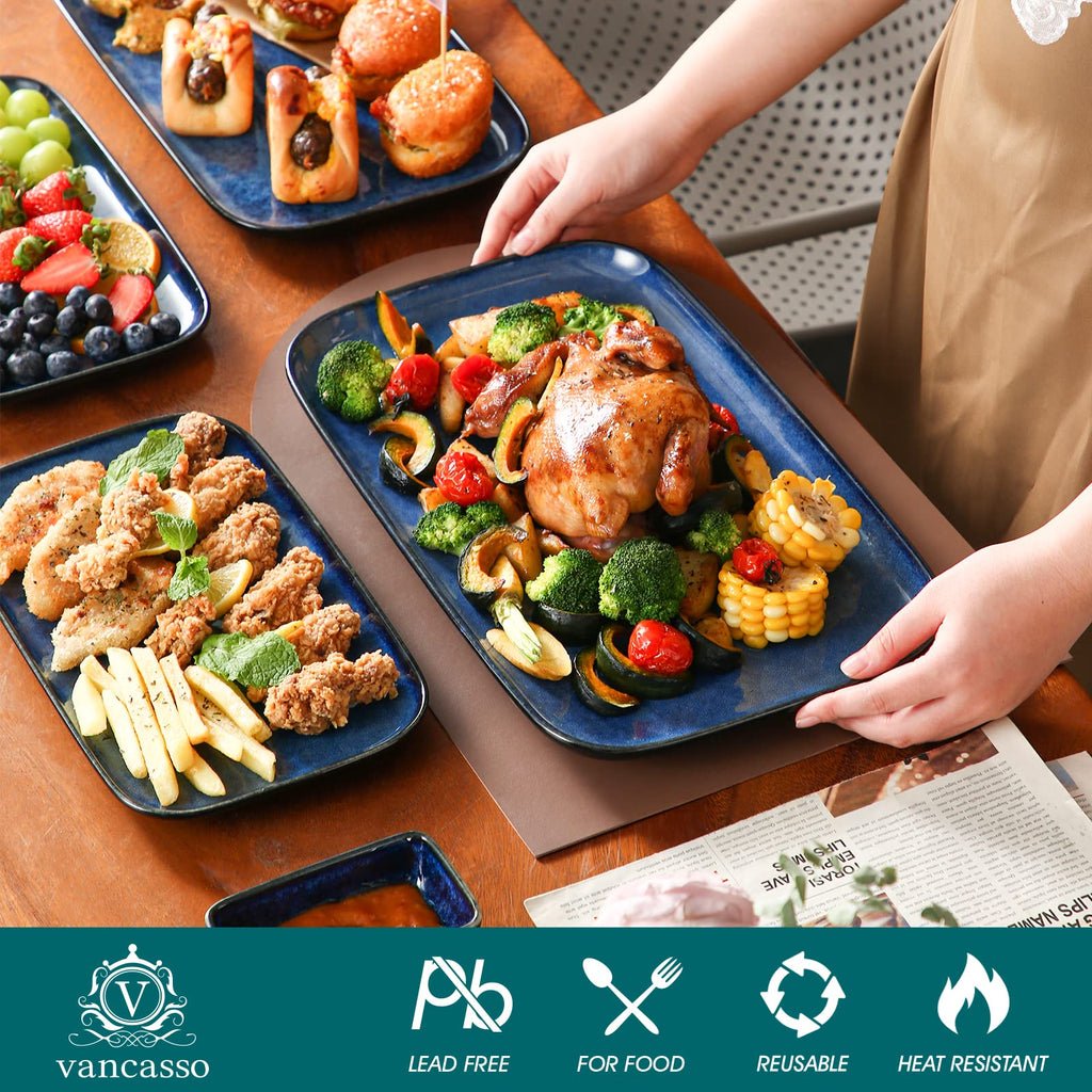 Stern Serving Platters Set of 3, 15/13/ 11 Inches Rectangular Serving Plates, Blue Serving Trays for Entertaining