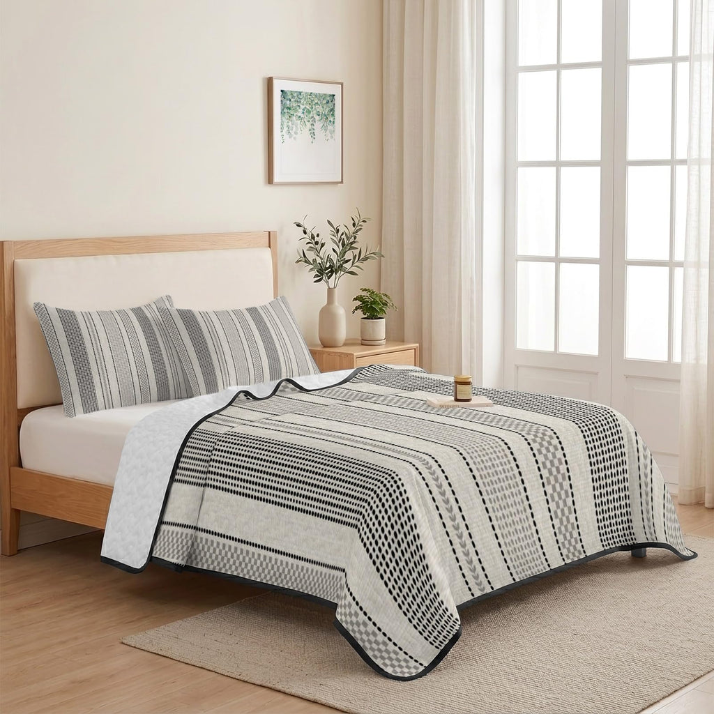 Vintage Striped Quilts Bedding Set Black Khaki Vertical Ticking Stripes French Country Lightweight Quilted