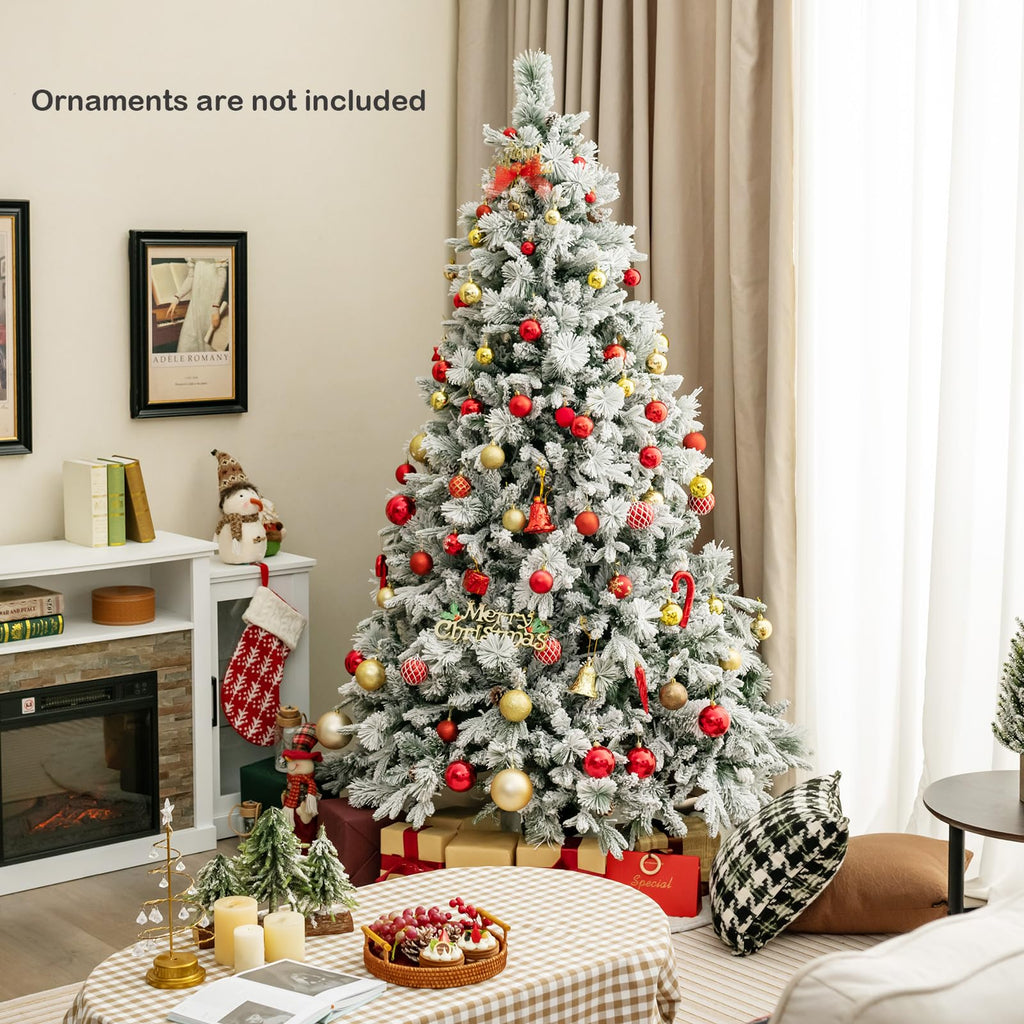 Pre-Lit Snow Flocked Christmas Tree 7 FT, Hinged Artificial Xmas Tree with 320 Multi-Color LED Lights, 8 Lighting