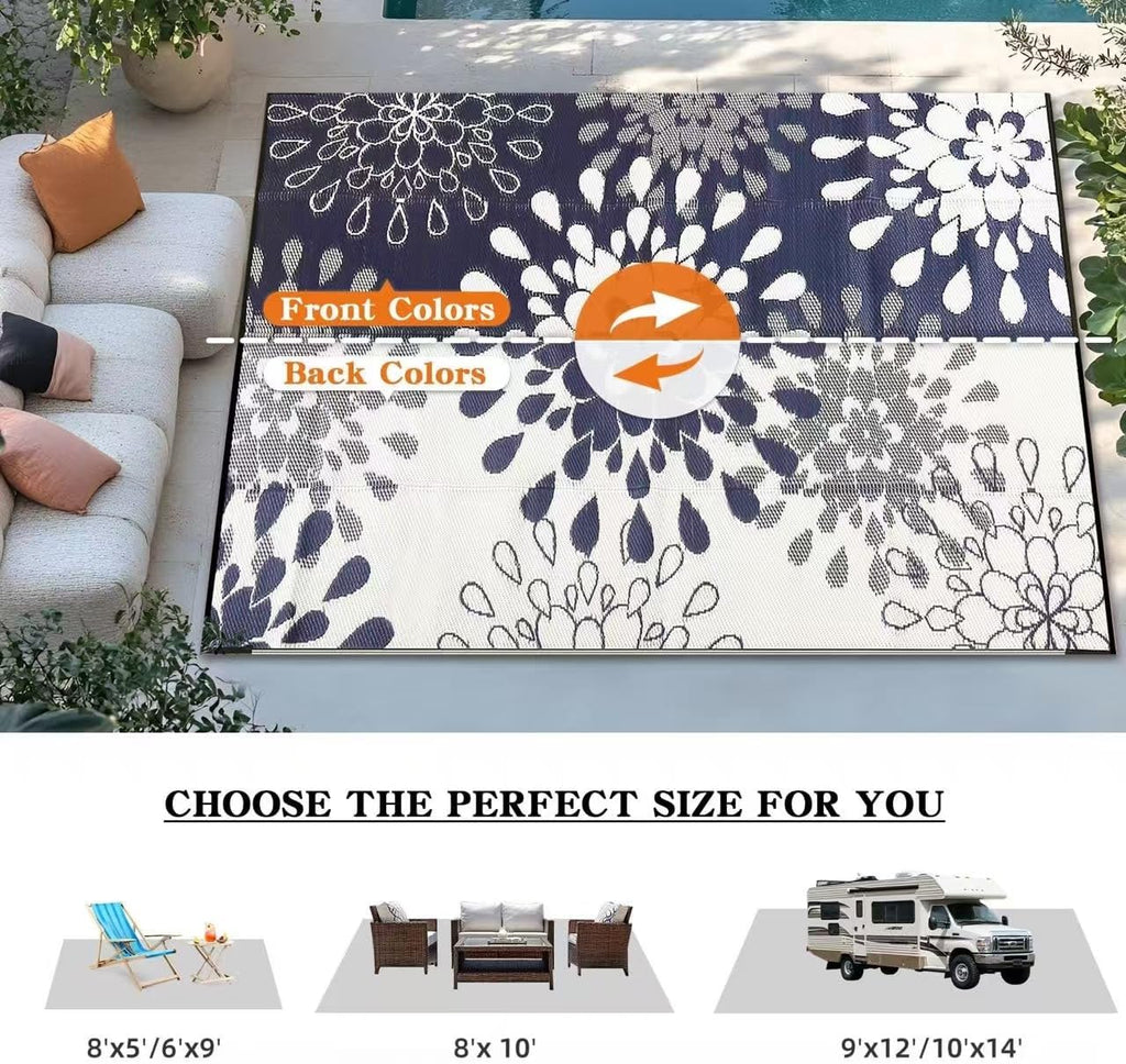 Outdoor Rug, Flower Blue & White