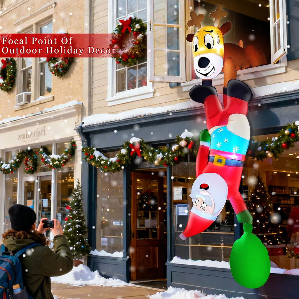 8 Ft Christmas Inflatable Reindeer & Climbing Santa Claus, Funny Hanging Outdoor Decoration with Built-in LED Light