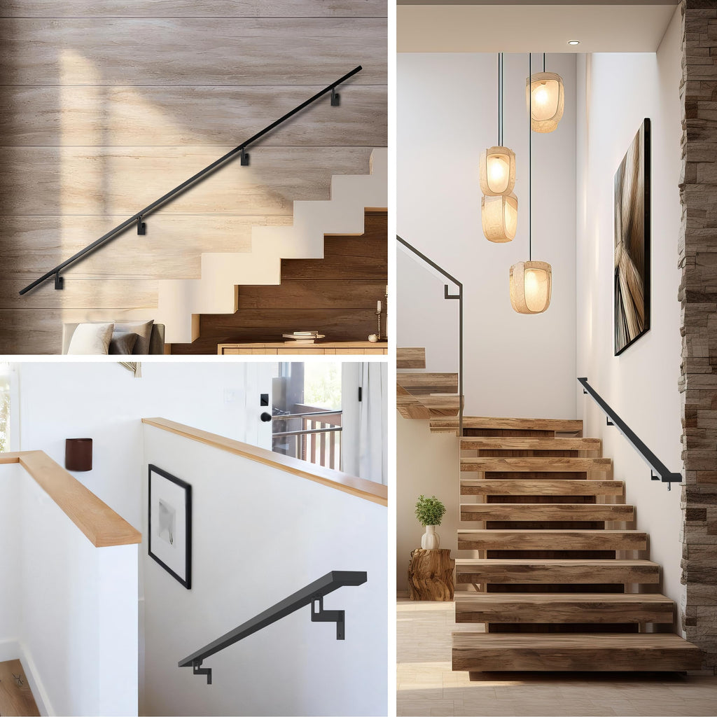 Modern Aluminum Handrail Complete DIY Kit - Matte Black with Adjustable Wall Mount Brackets Included (4' Length)