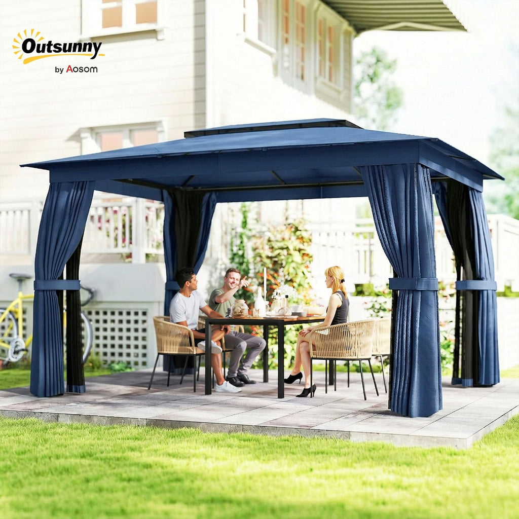 10' x 12' Outdoor Patio Gazebo, Heavy Duty Gazebo Canopy Shelter with Double Roof, Curtains, Netting, Steel Frame