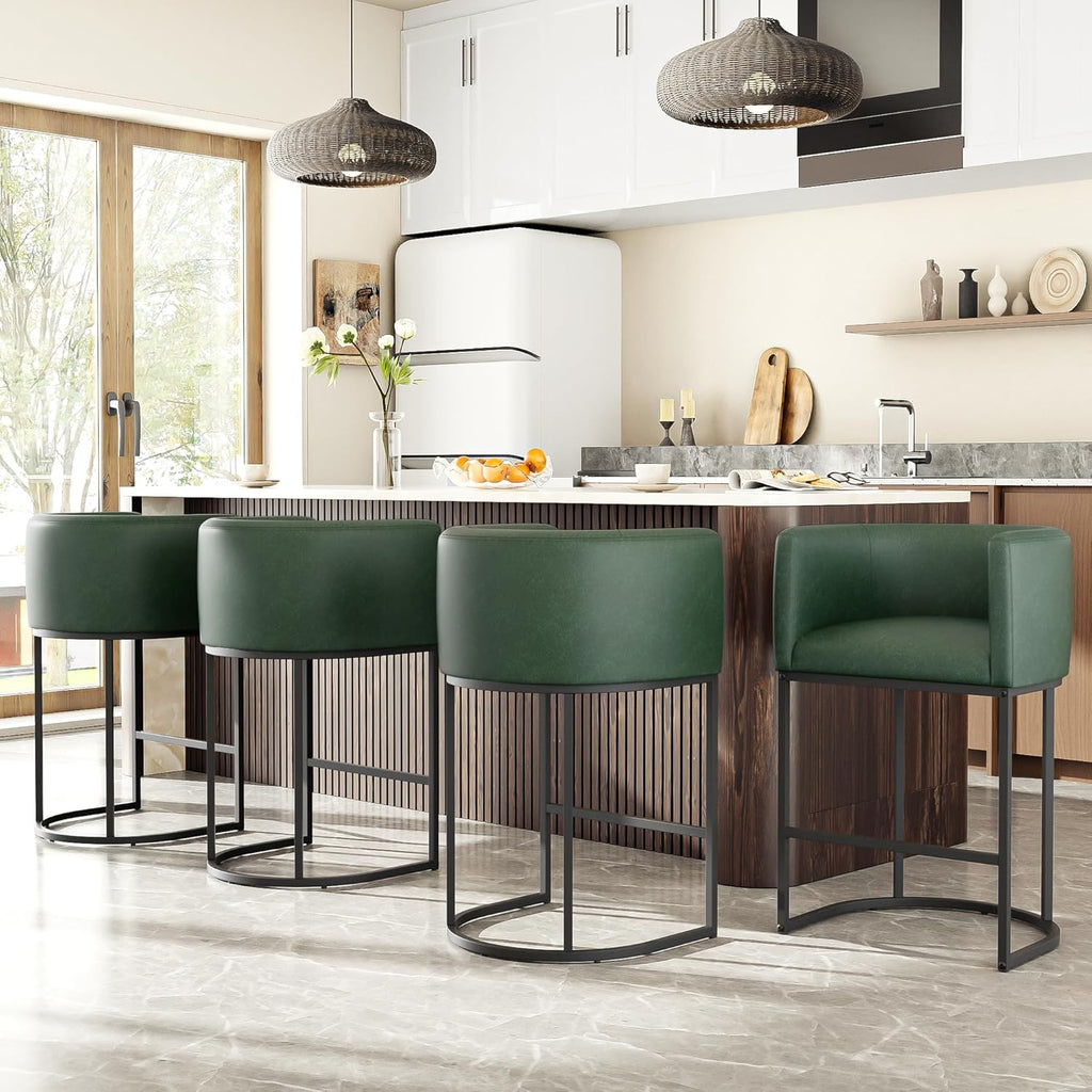 26" H Counter Height Bar Stools Set of 4, Modern Barrel Counter Stools with Backrest and Arms, Faux Leather