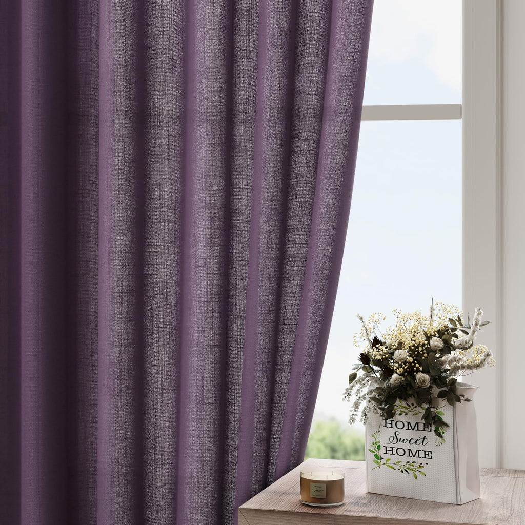 Plum Linen Curtains 102 Inches Long Rod Pocket Back Tab Drapes 2 Panels Set Sheer Light Filtering Semi Sheer Plum