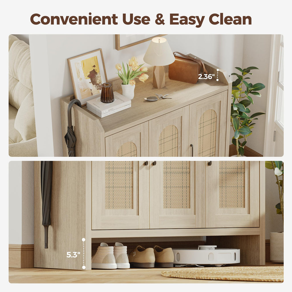 5-Tier Rattan Shoe Cabinet with Doors, 1.2" Thick Hidden Shoe Rack, Oak