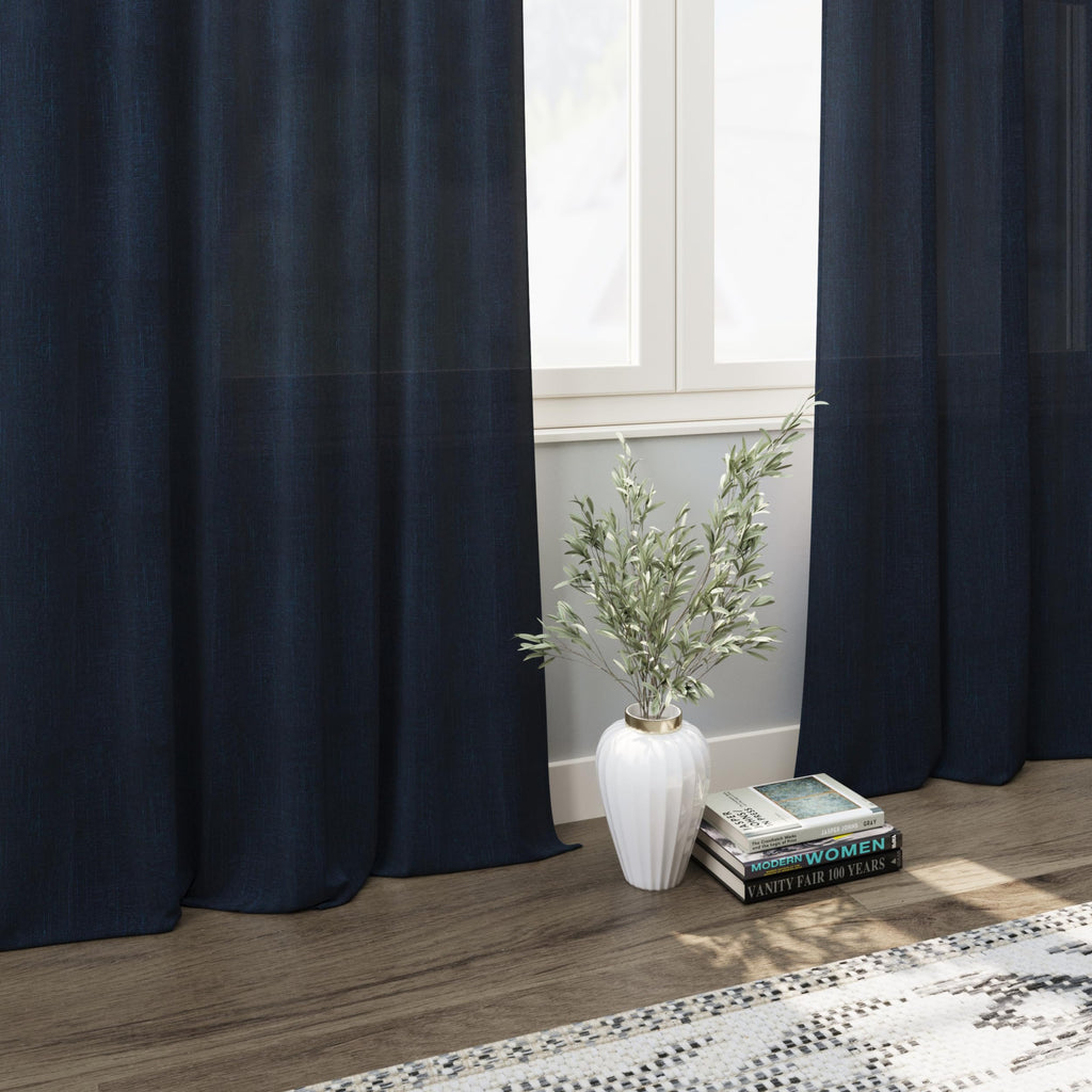 Navy Blue Boho Curtains Back Tab Rod Pocket Semi Sheer Linen Curtains 90 Inches Long 2 Panel Set Light Filtering