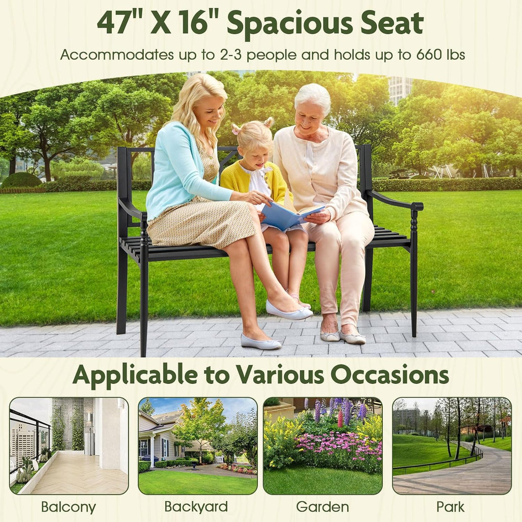 Metal Outdoor Bench with Backrest, Curved Armrests, Non-Slip Foot Pads, Slatted Seat for 2-3 Persons, Load 660lbs