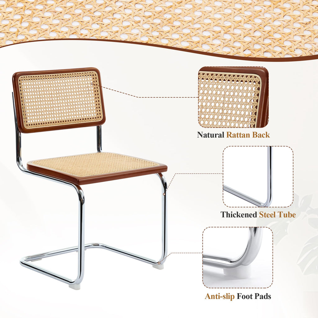 Rattan Dining Chairs Set of 2, Boho Modern Dining Chairs with Rattan Back, Curved Steel Base, Cantilever Kitchen