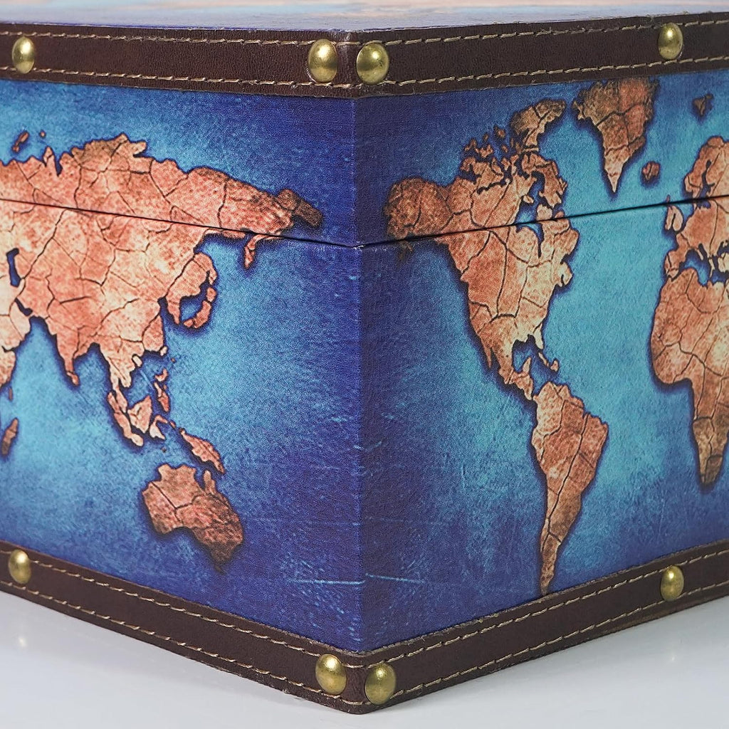 Small Wooden Organizer Storage Box, 11''L Decorative Blue Map